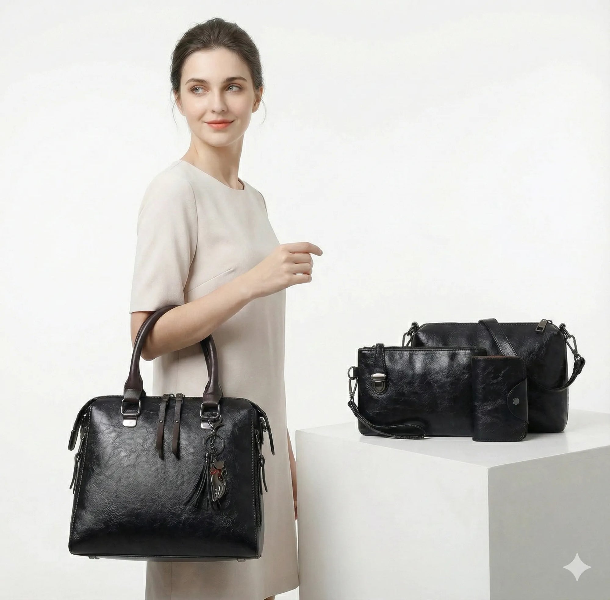 Kit Premium em Couro Genuino - Bolsa + Carteira + Carteira de Mão + Necessaire de Brinde