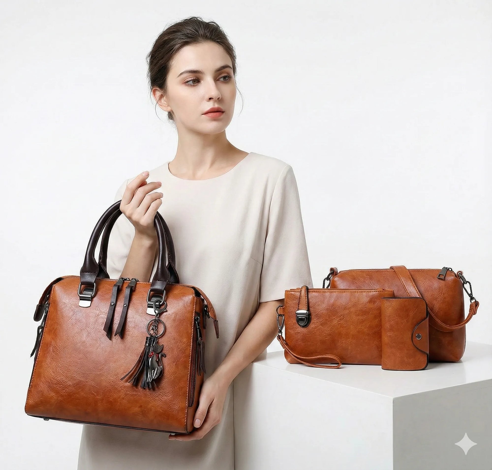 Kit Premium em Couro Genuino - Bolsa + Carteira + Carteira de Mão + Necessaire de Brinde