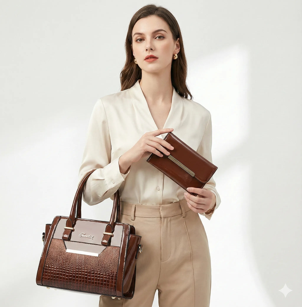Kit Bolsa e Carteira em Couro Legítimo - Croc