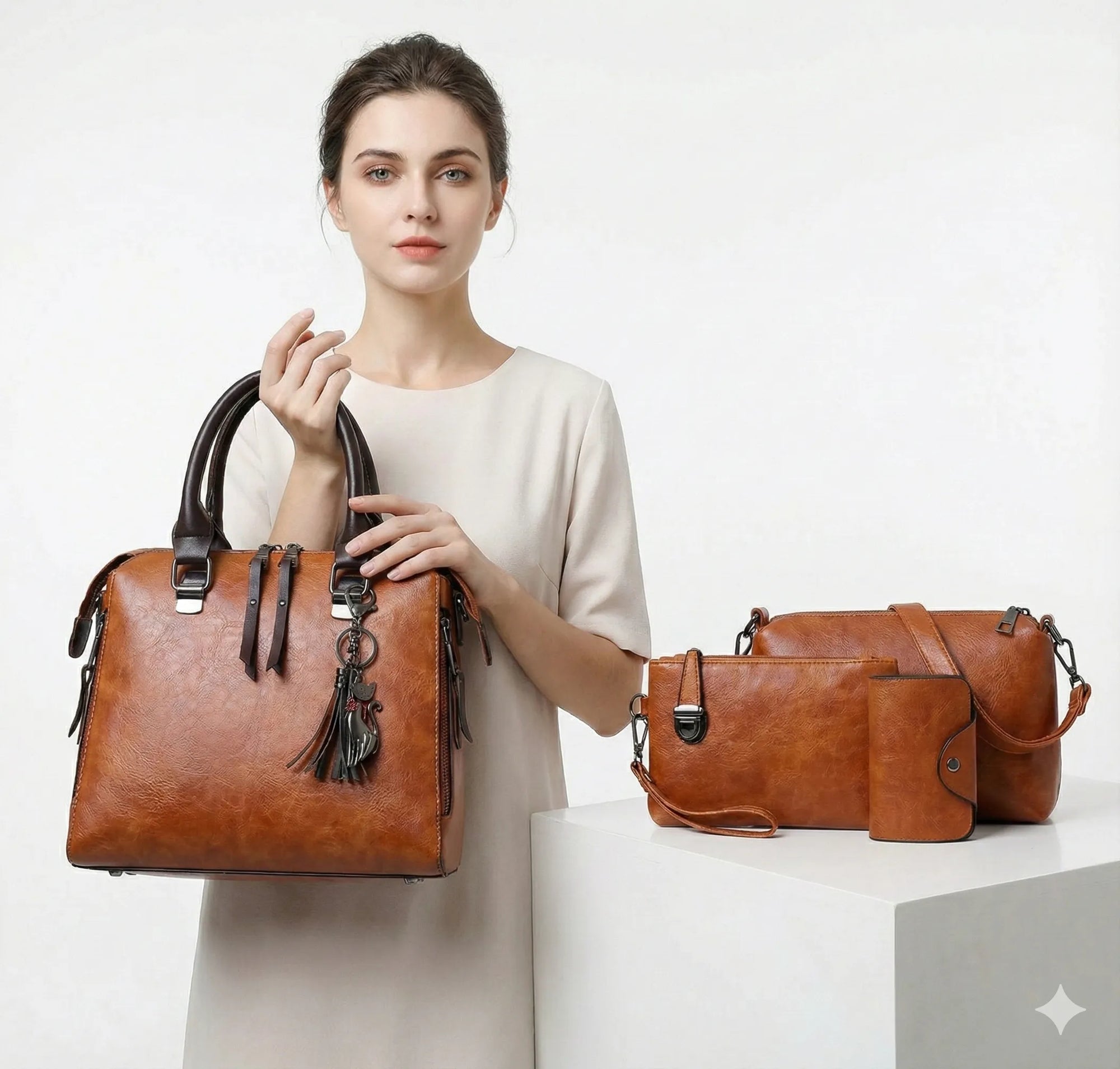 Kit Premium em Couro Genuino - Bolsa + Carteira + Carteira de Mão + Necessaire de Brinde