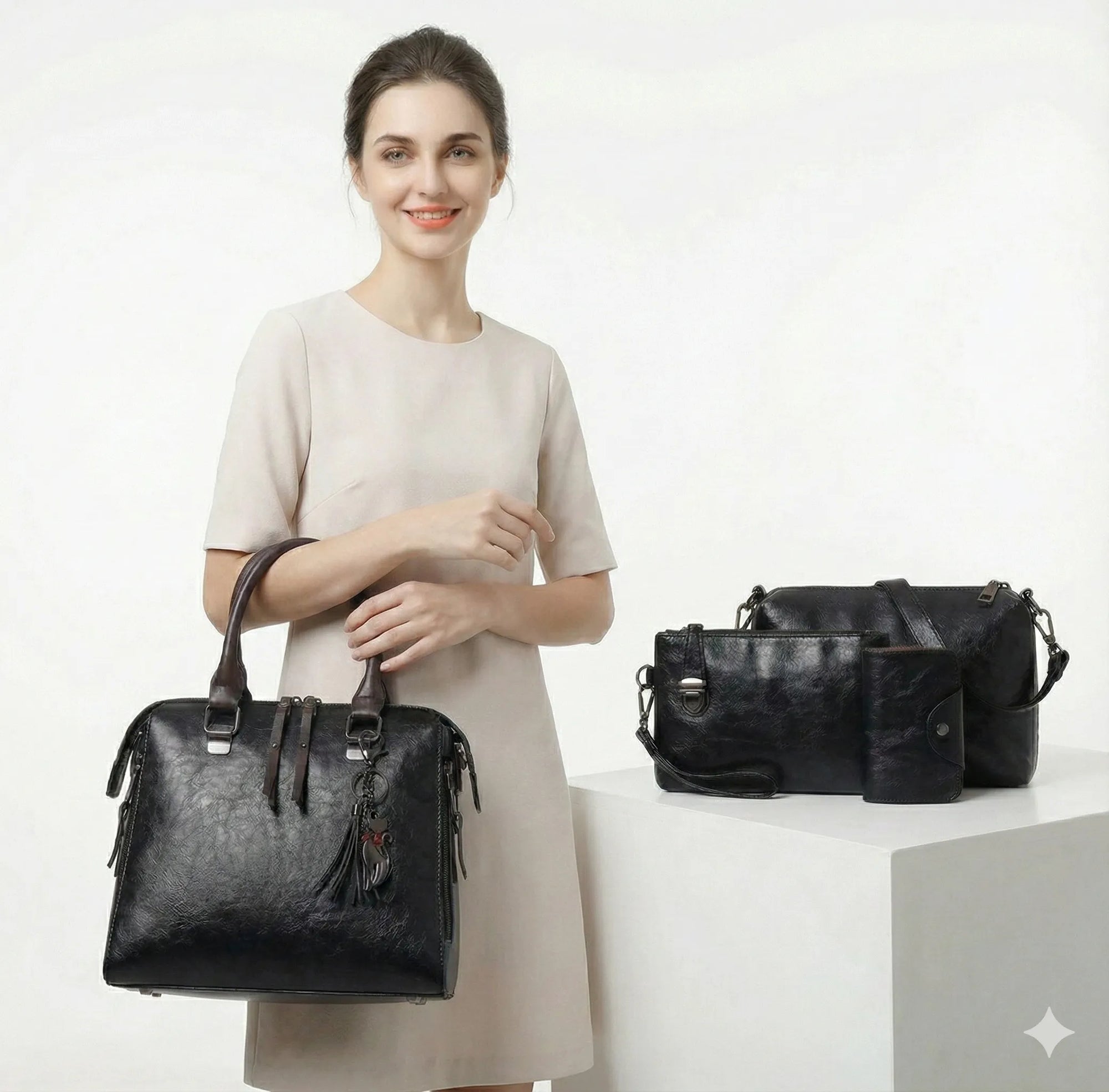 Kit Premium em Couro Genuino - Bolsa + Carteira + Carteira de Mão + Necessaire de Brinde